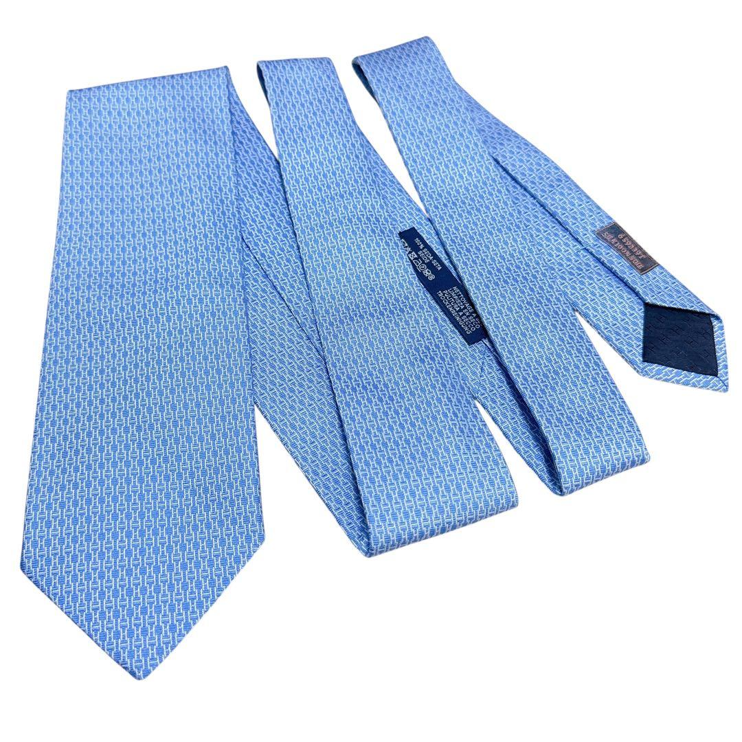 HERMES エルメス ネクタイ 水色 ファソネ Hロゴ ジャガード 肉厚