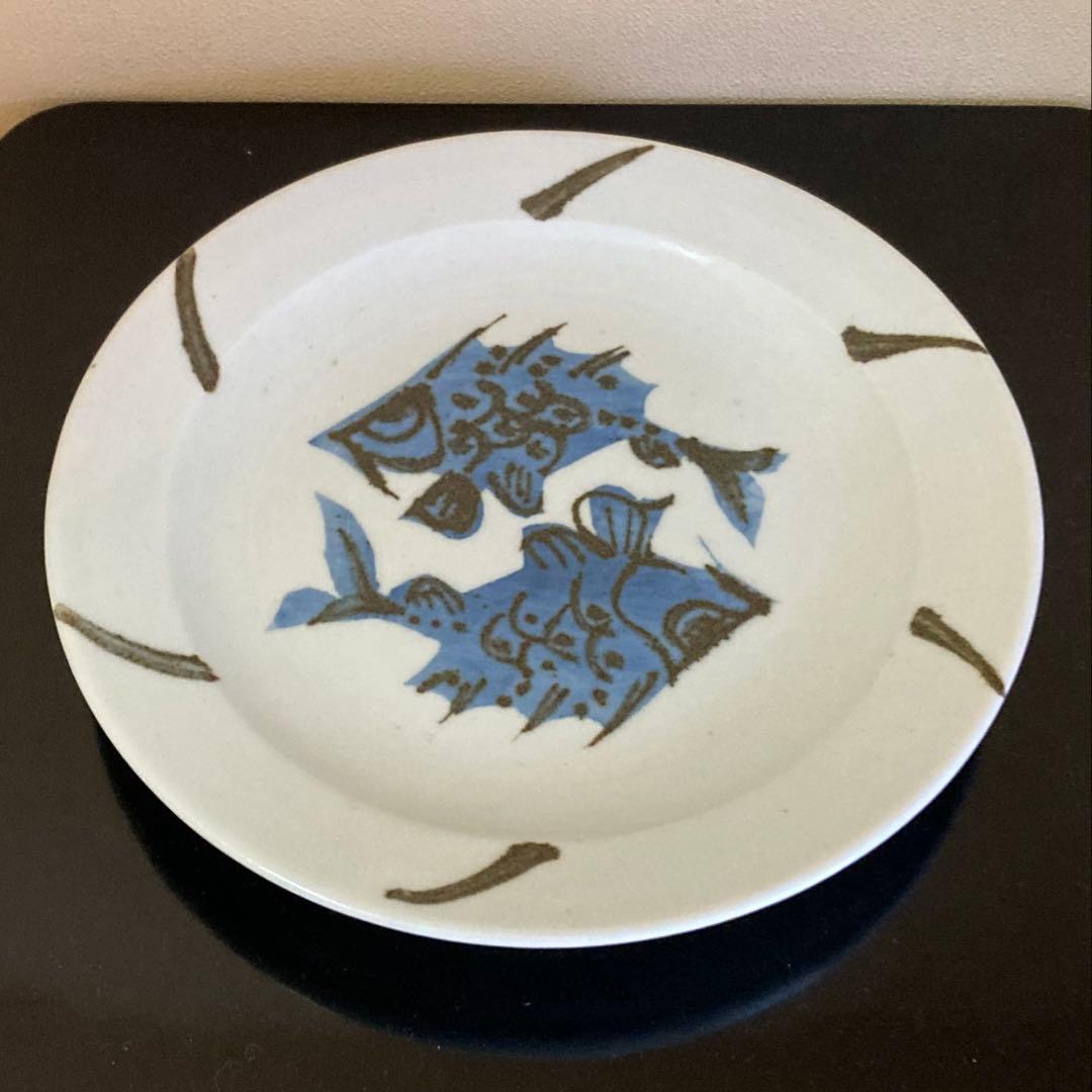 民藝 益子焼 瀧田項一 染付 双魚文皿 飾り皿 元箱 栞付き 1枚