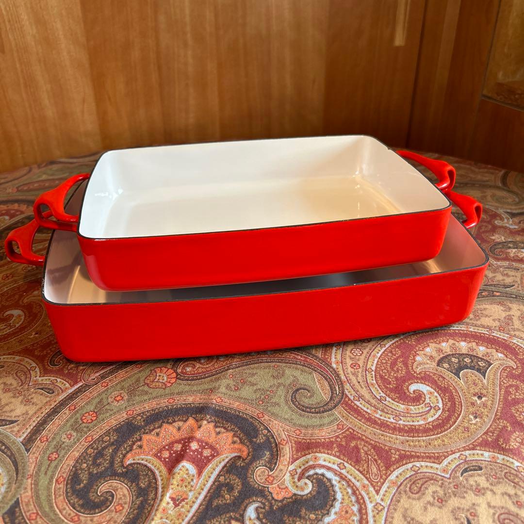 166◆DANSK 27cm ラージベイカー　両手鍋　スクエア型　赤いホーロー