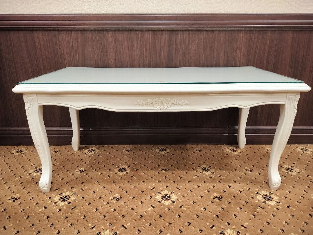 アンティーク 猫足 ローズテーブル 薔薇柄テーブル 白テーブル