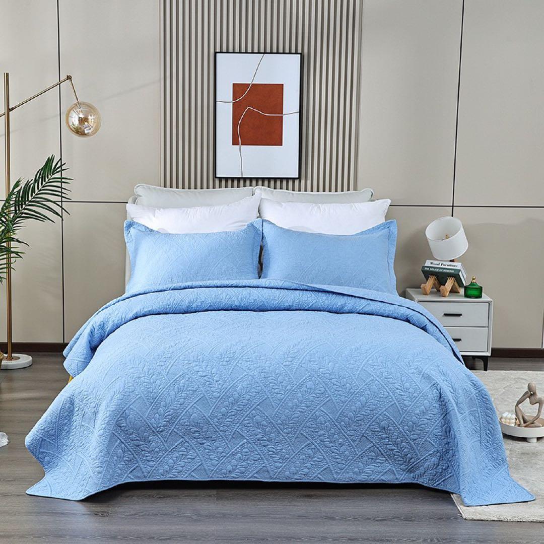 キルトベッドカバー3点セット綿マルチカバー キルティング 164ブルー