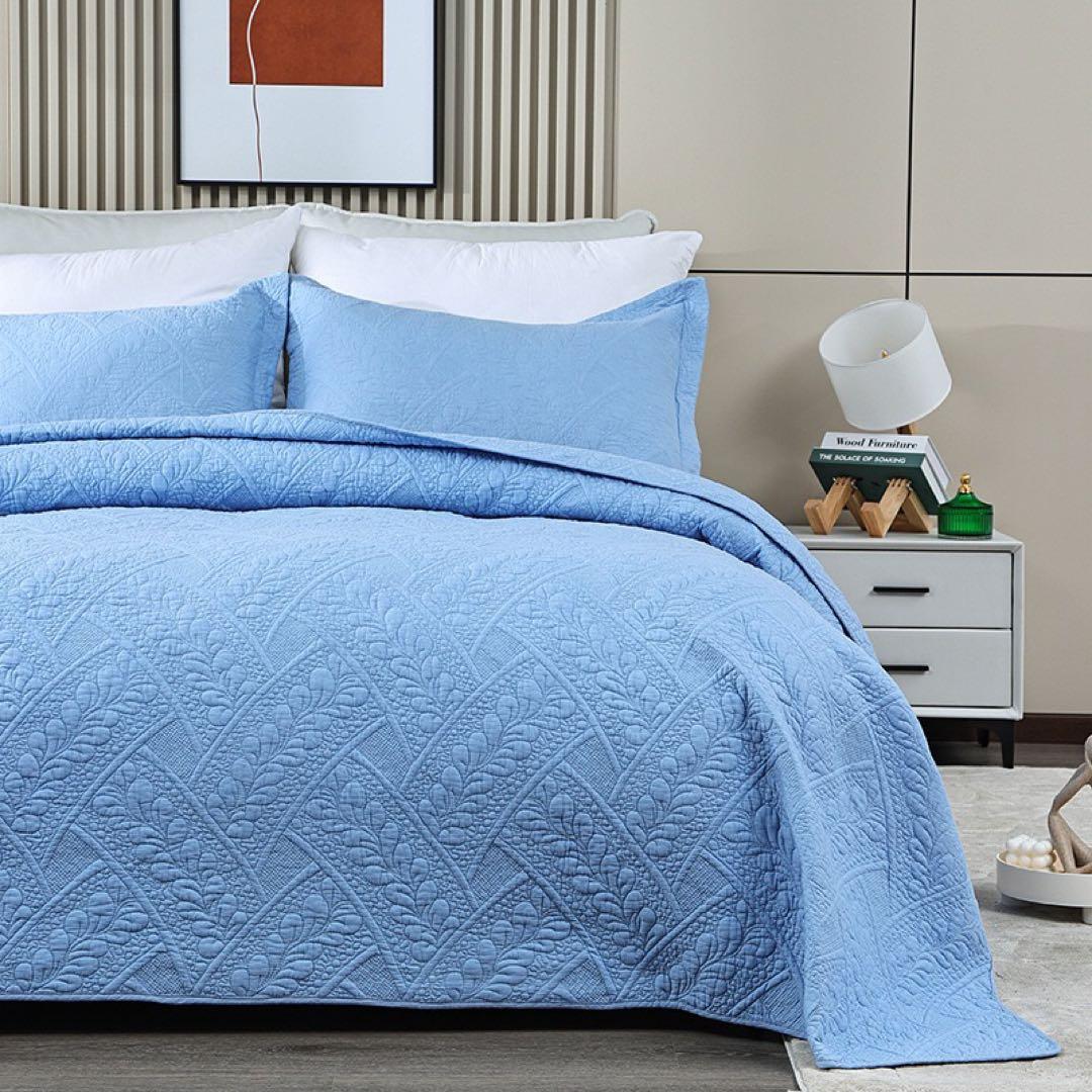 キルトベッドカバー3点セット綿マルチカバー キルティング 164ブルー