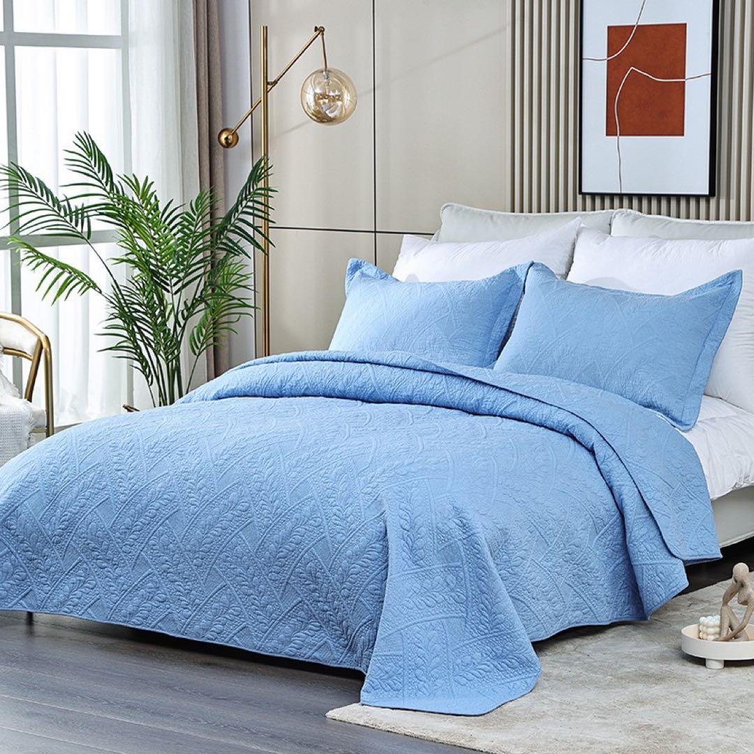 キルトベッドカバー3点セット綿マルチカバー キルティング 164ブルー