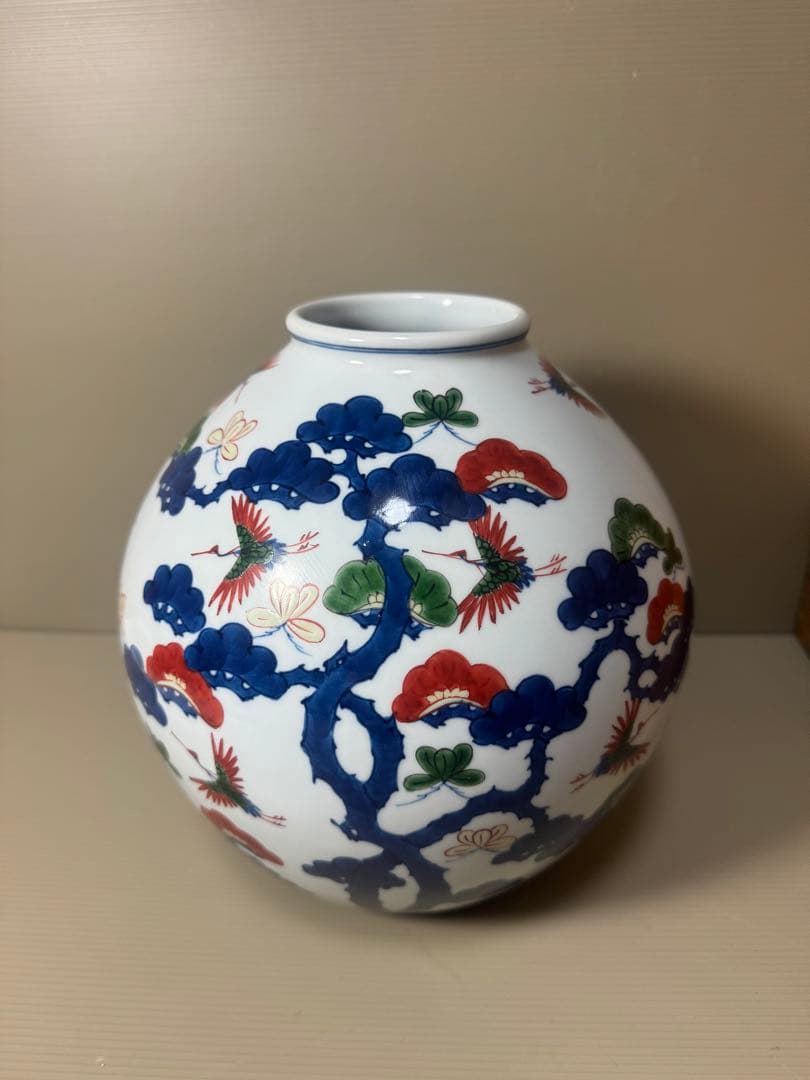 2133 源右衛門　染錦松鶴　花瓶