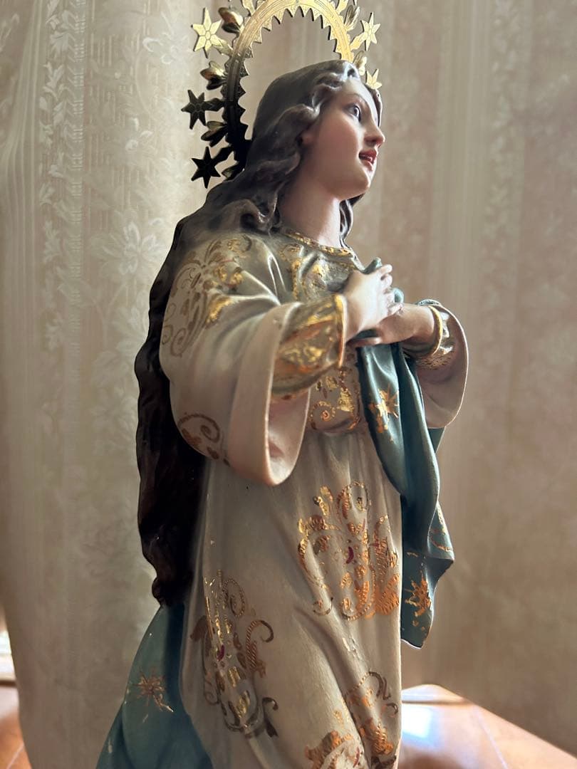 【超超希少美46.5cm】✞無原罪の御宿り 胸に手を当てる聖母マリア像　宗教彫刻