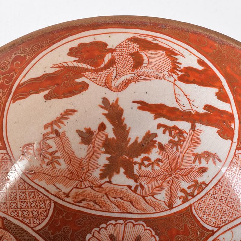 九谷焼　古九谷　赤絵金彩　窓絵　人物花鳥文　三ッ組鉢　時代箱付　U　R8370