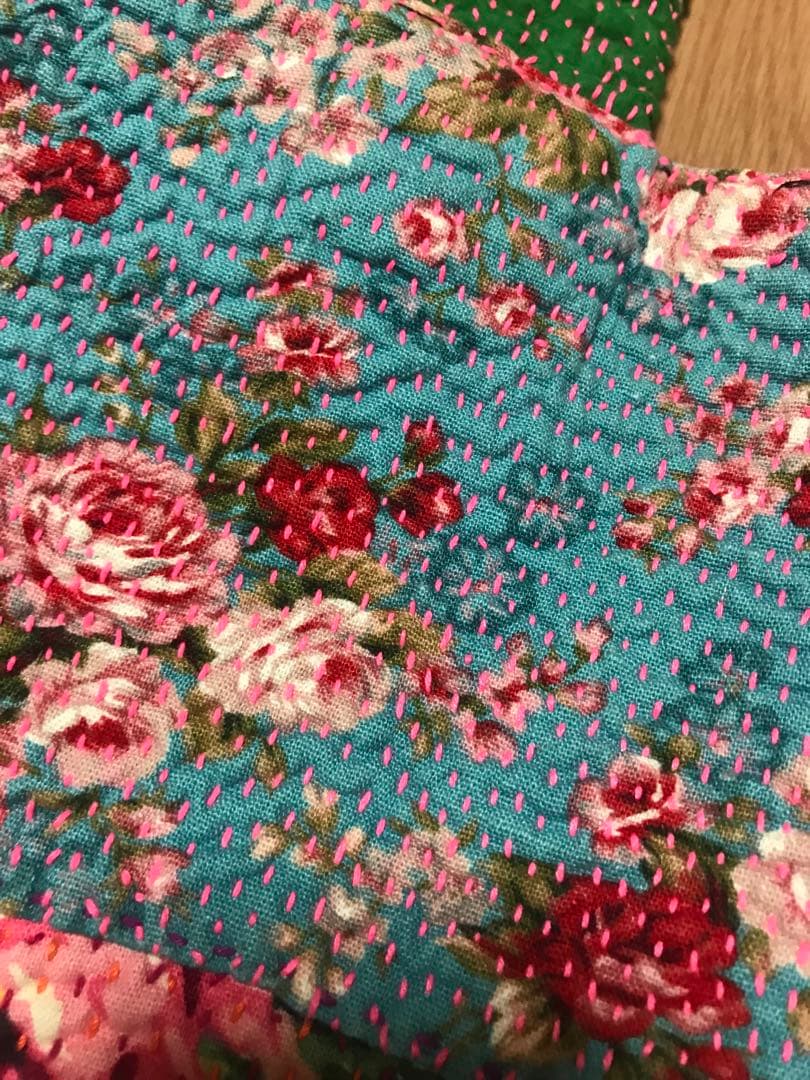 刺し子　刺子　波模様　花柄　バッグ 緑のハンドル付き　リバーシブル　グドゥリー