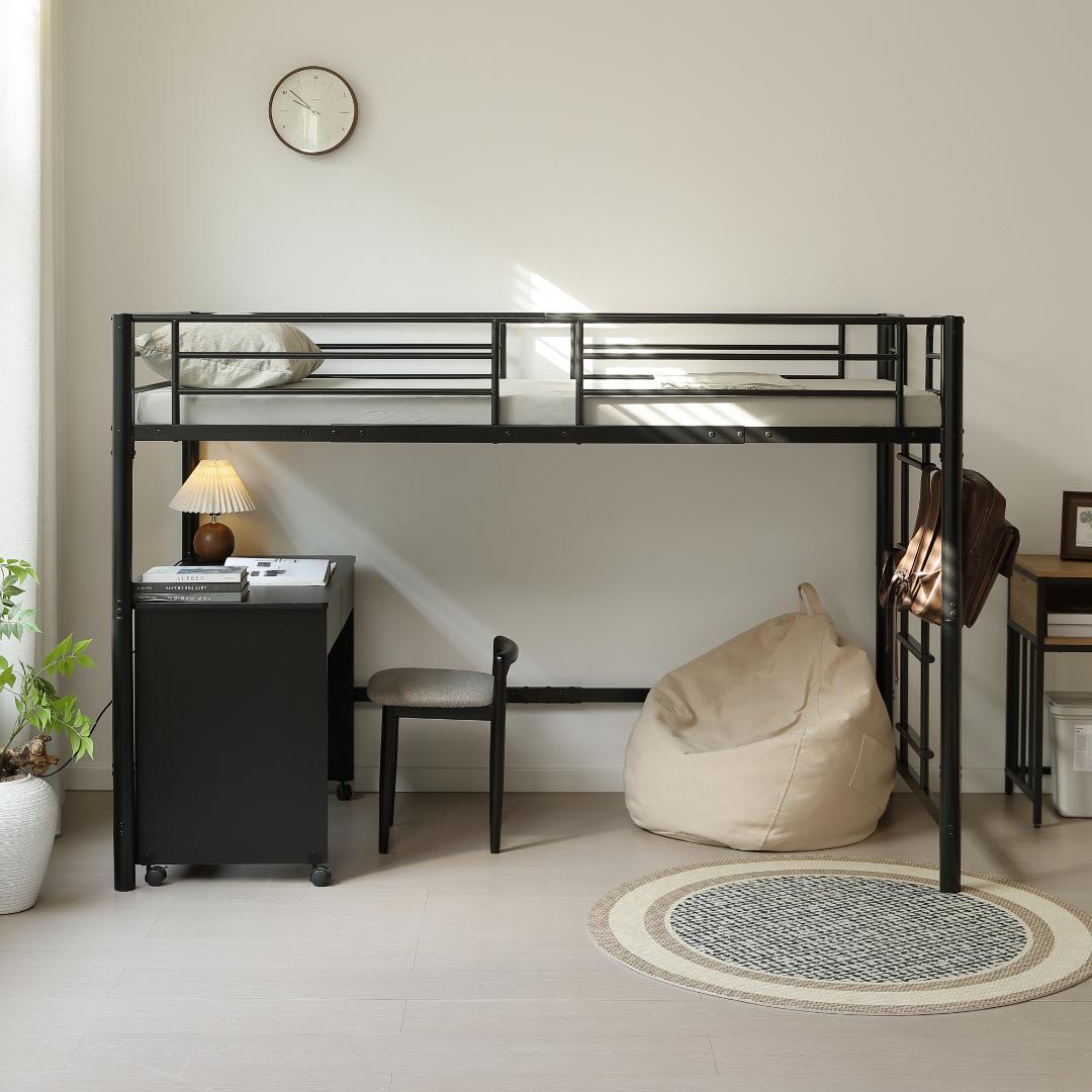 【高さ140cm】ロフトベッド パイプベッド シングル 耐荷重150 BLACK