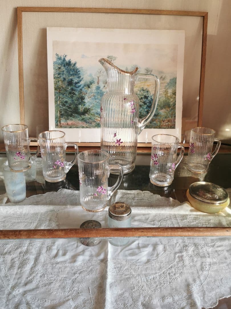 アンティーク 菫エナメル金彩 トールキャラフ＆グラス５客セット ドーム初期ガレ風