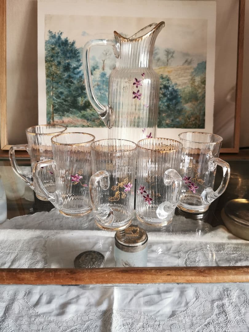 アンティーク 菫エナメル金彩 トールキャラフ＆グラス５客セット ドーム初期ガレ風