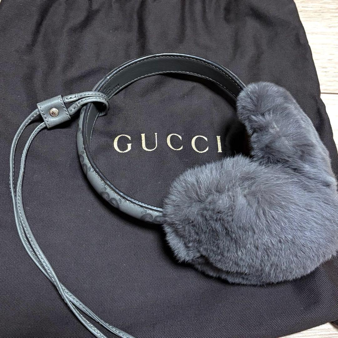 【美品】GUCCI イヤーマフ　グレー　ラビットファー 耳あて 収納袋付き