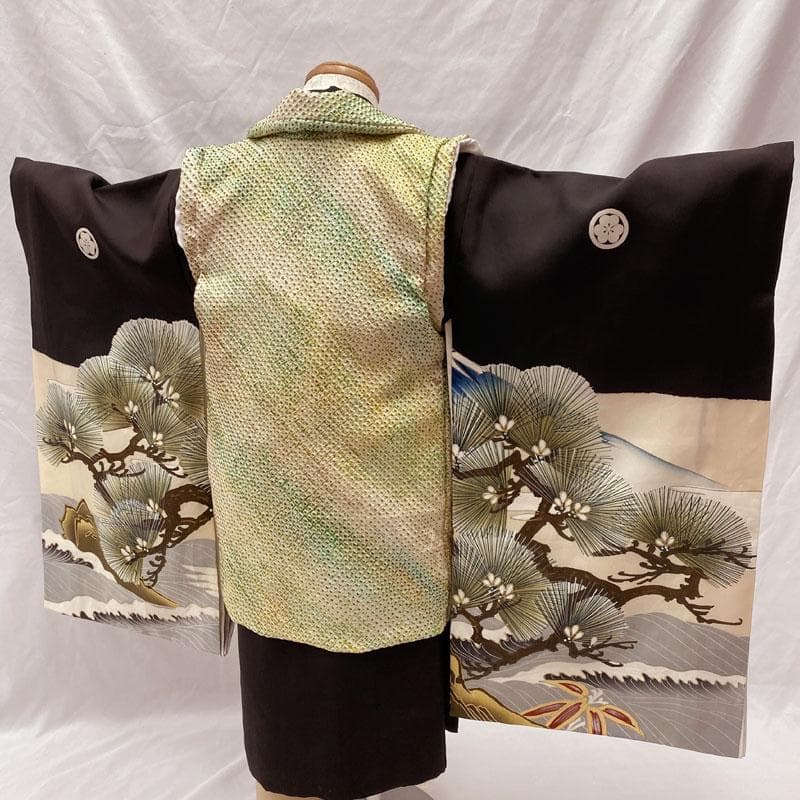 511ab9◎七五三 三歳 男の子 セミアンティーク着物&被布&長襦袢 黒◎