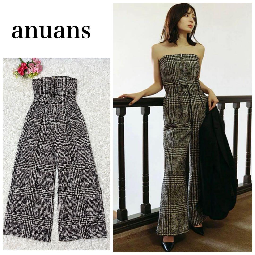 【美品】anuans ウールチェックツイードオールインワン ブラック　M