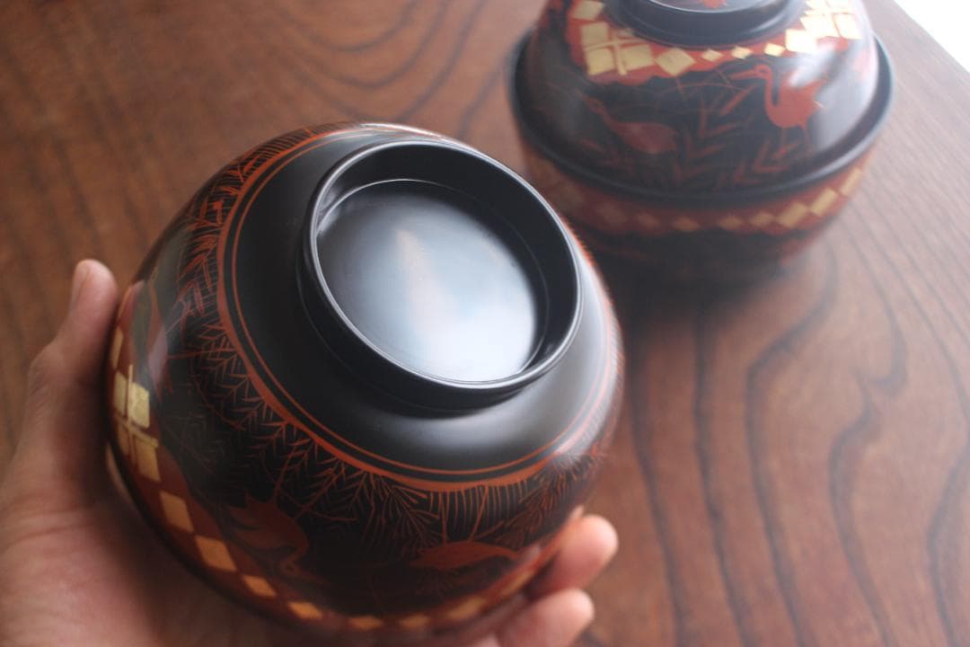 デッドストック！上質黒漆に極上秀衡蒔絵の映えるお椀2点（検山中塗