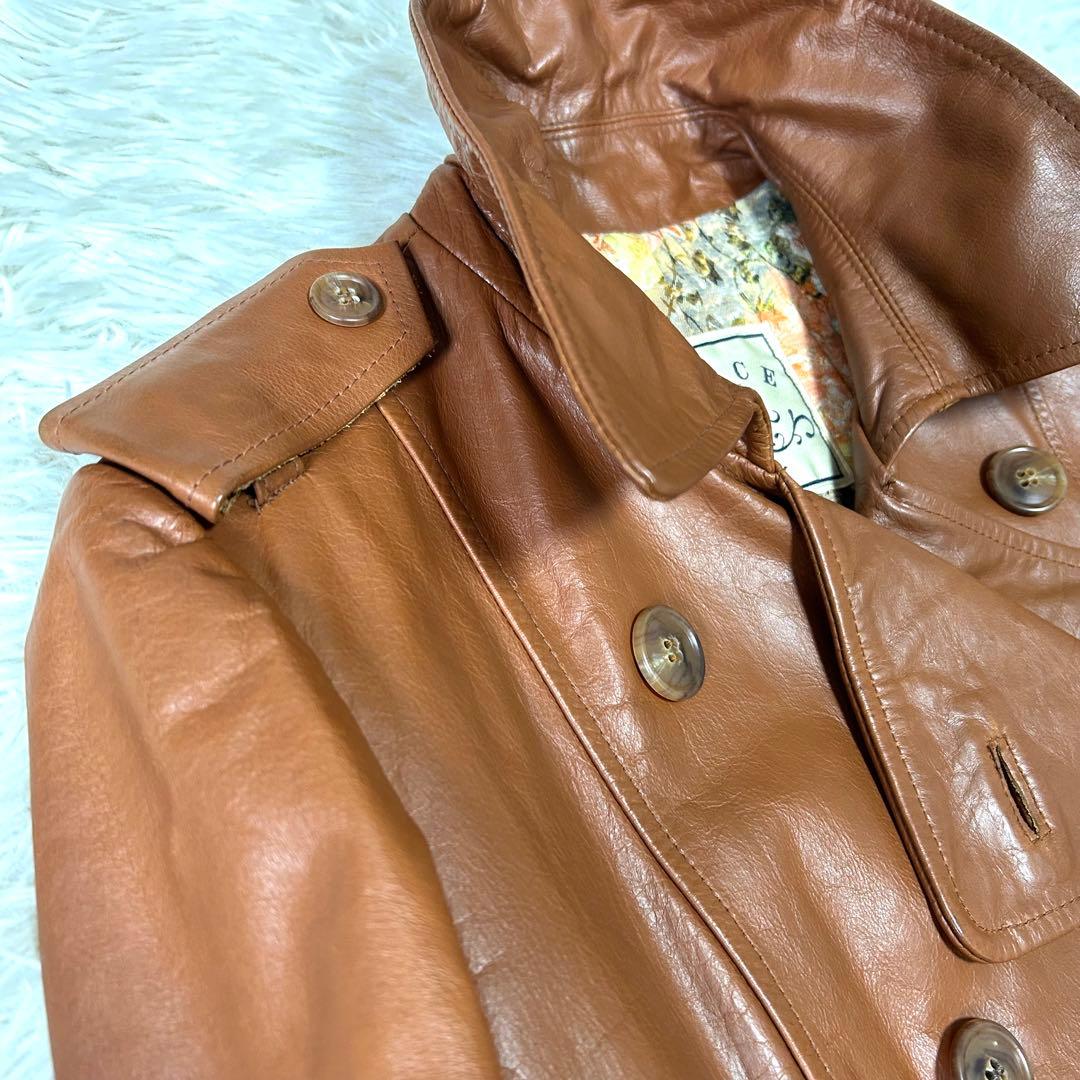 グレース ダブルトレンチコート リアルレザー 牛革 裏地総花柄 ブラウン38/M