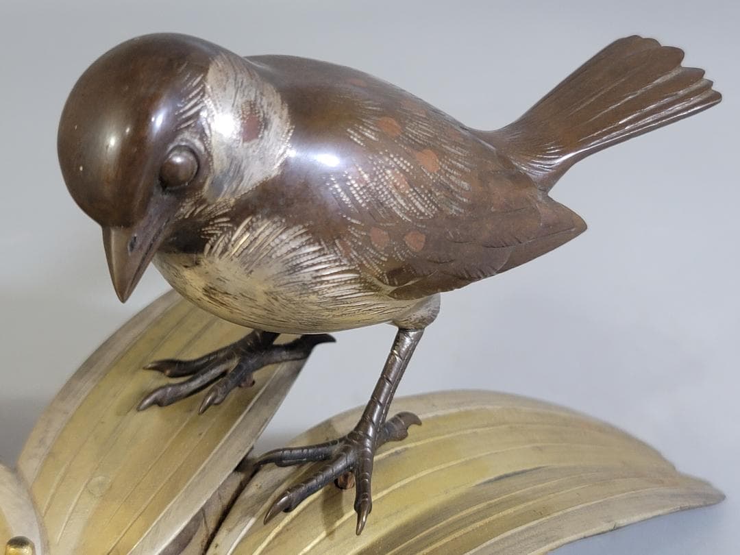 DT368 銅製 瑞雀笹 置物 共箱