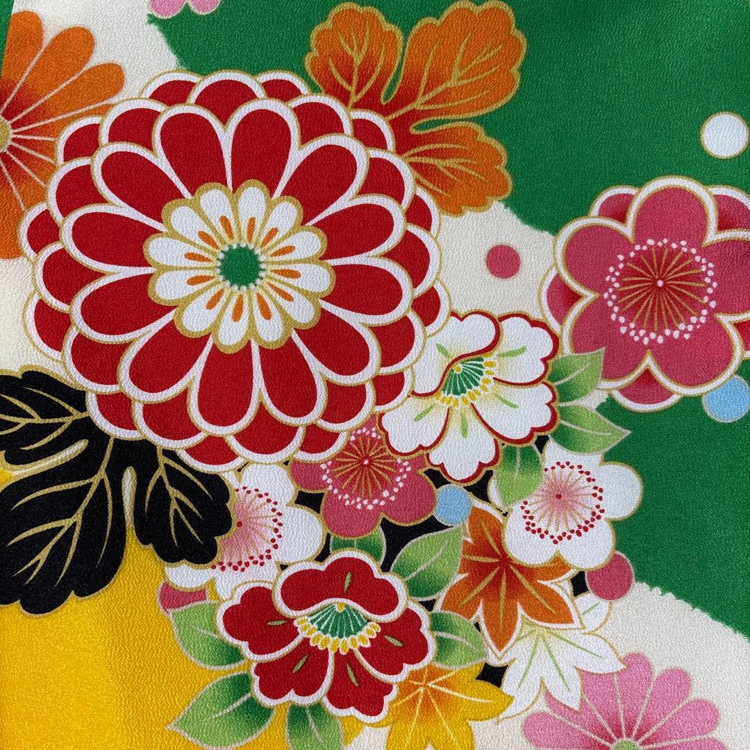 七五三　着物セット　7歳　緑色　黄色　大輪柄　華やか　ポップ