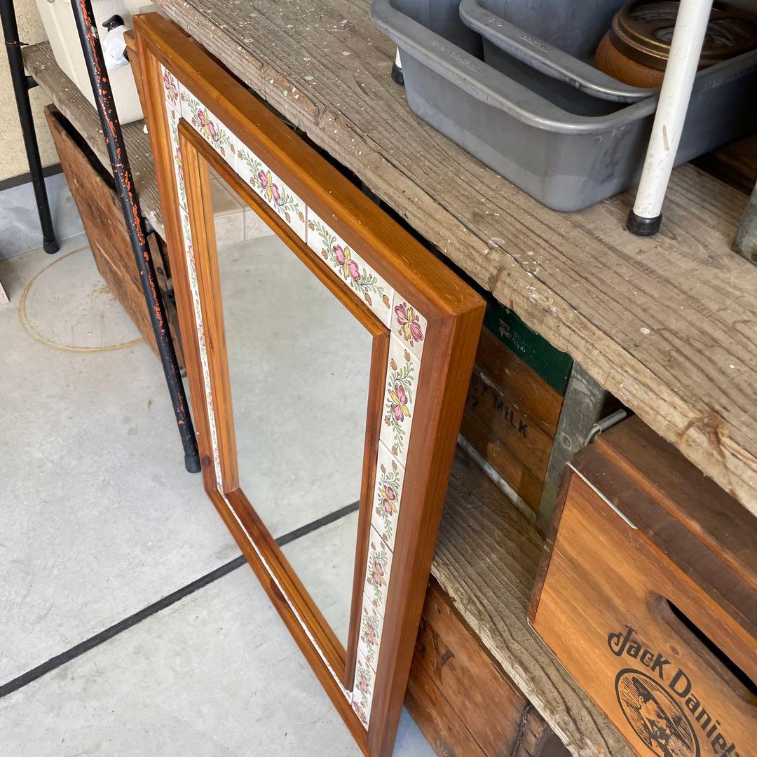 ヴィンテージ タイル張り ウッドミラー 壁掛け 鏡 姿見 パイン材 バレンシア