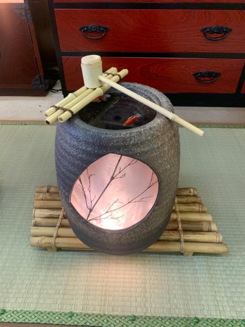 信楽焼噴水　蹲　つくばい　噴水　茶室　手水鉢　金魚付　スノコ付　照明　和