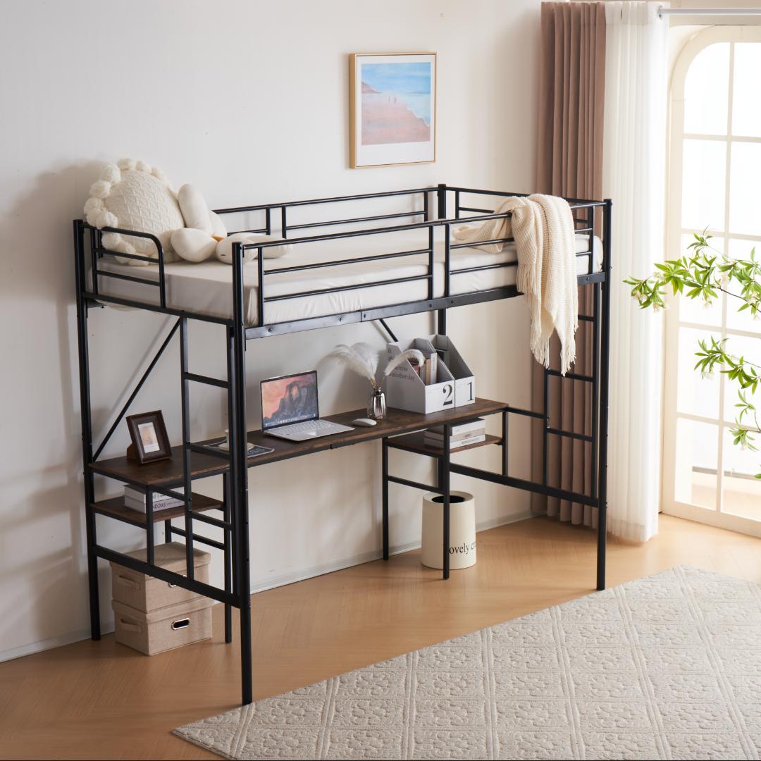 デスク・ラック棚付きシステムベット ロフトベッド シングル（S）　BLACK