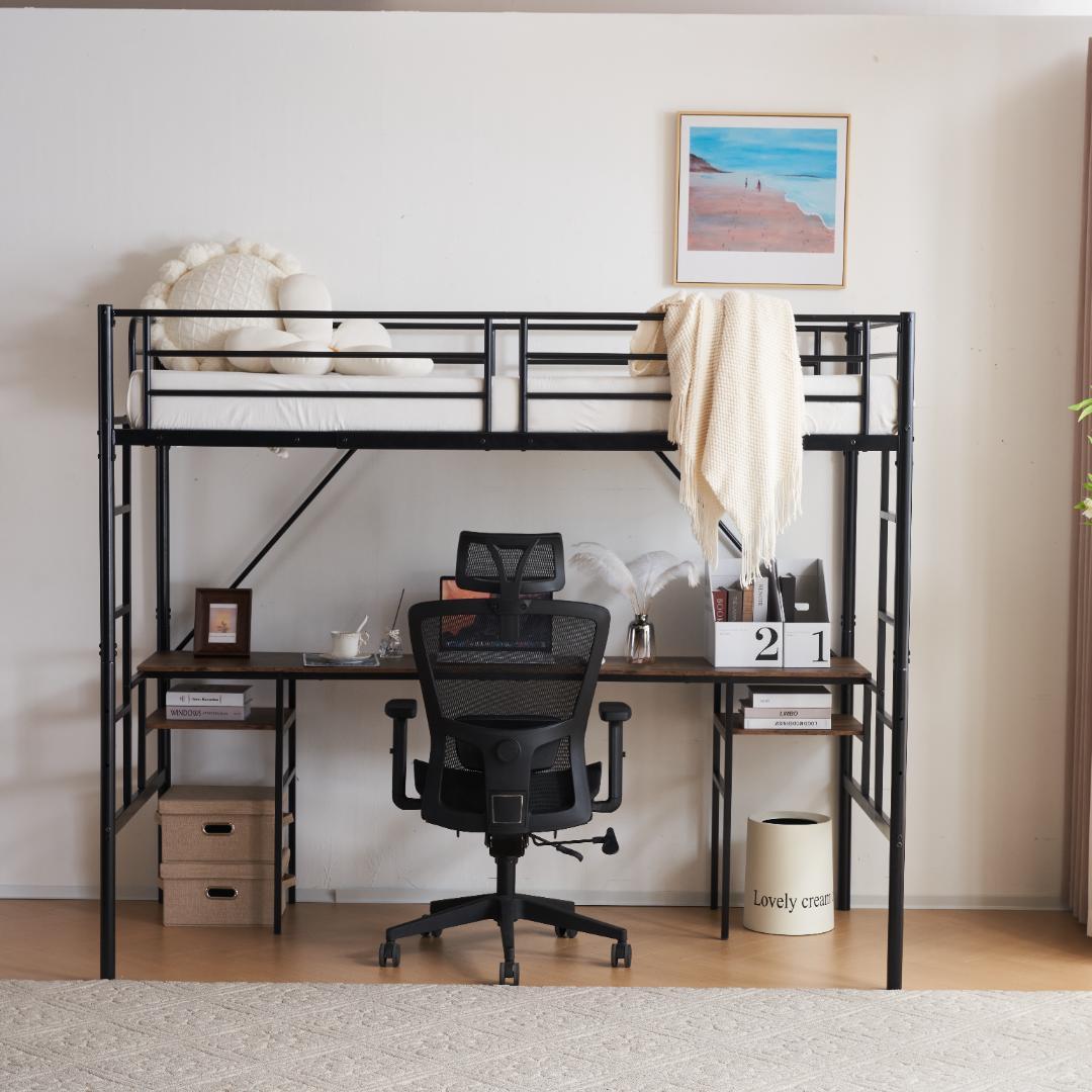 デスク・ラック棚付きシステムベット ロフトベッド シングル（S）　BLACK