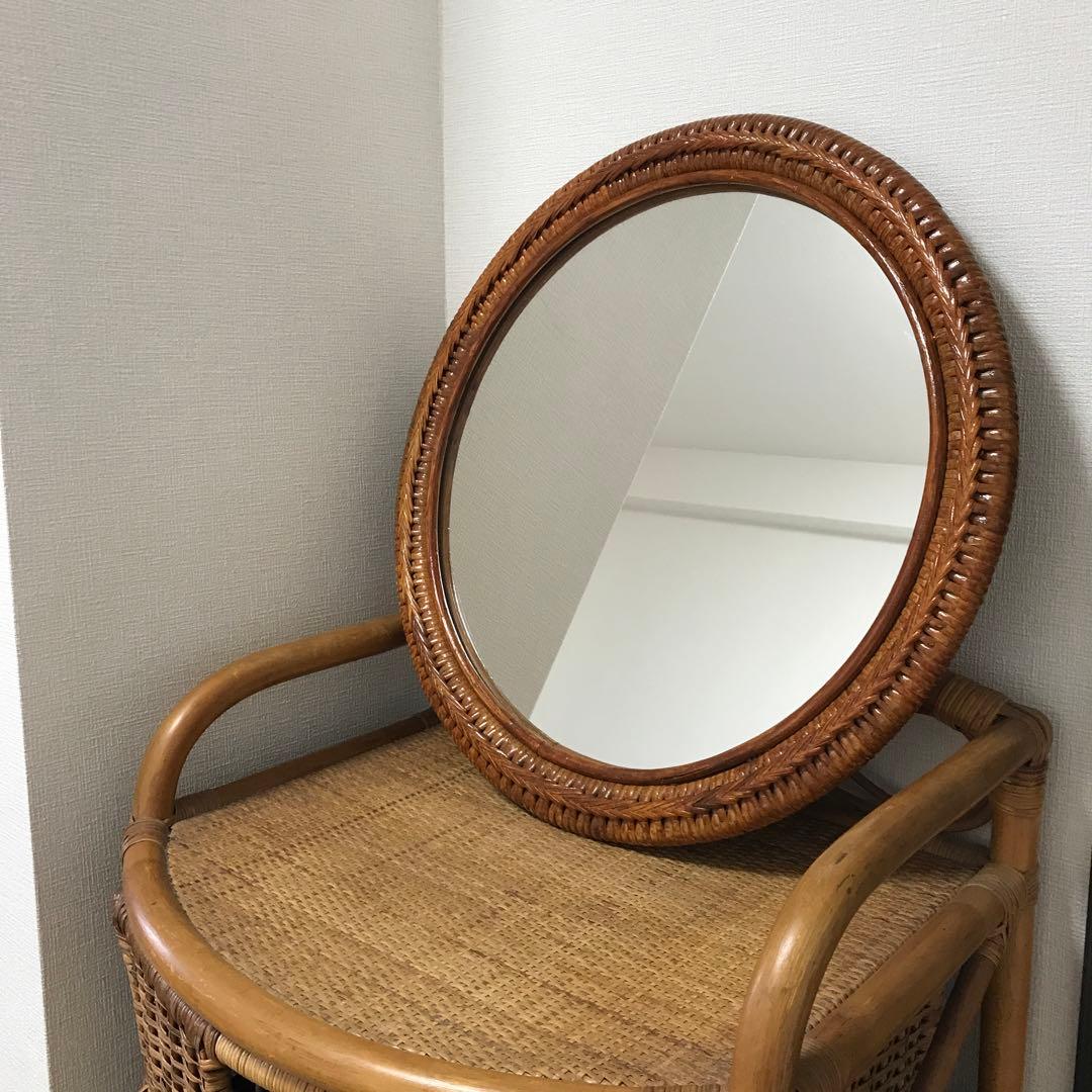 vintage ラタン 丸型ウォールミラー 直径53cm