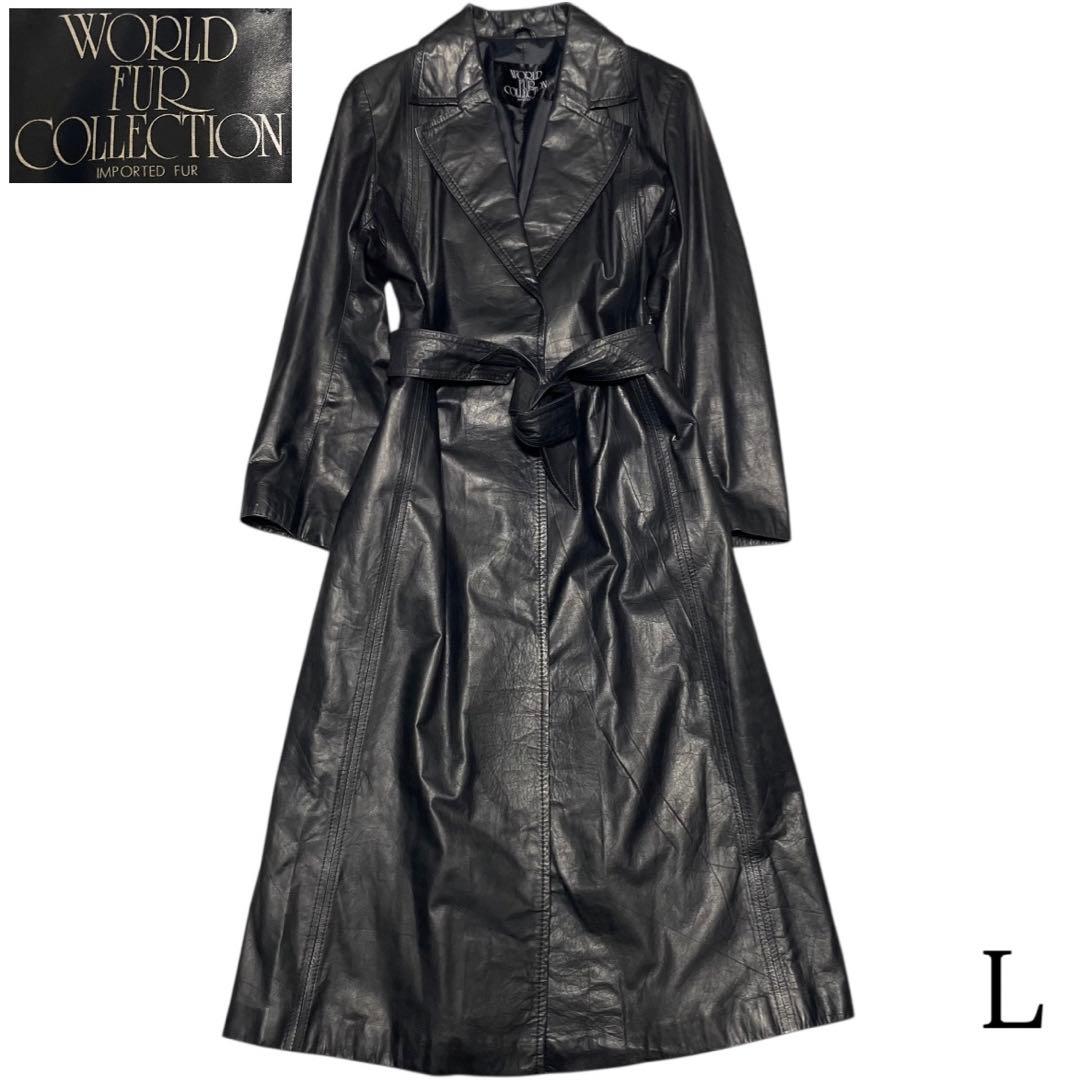 【vintage】本革 マキシ丈リアルレザーガウンコート ロング ベルト 黒 L