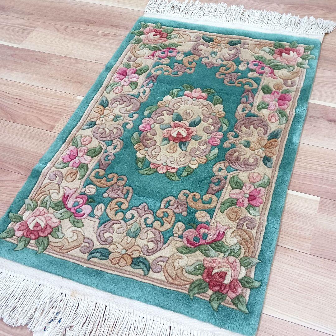 Y3317 中国高級絨毯 天津緞通 ウール100% 手織り 93×61㎝