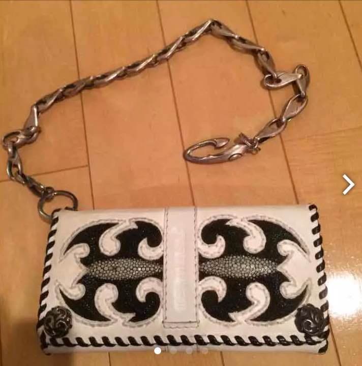 エイ革三つ折り長財布シルバー925ウォレットチェーン付き