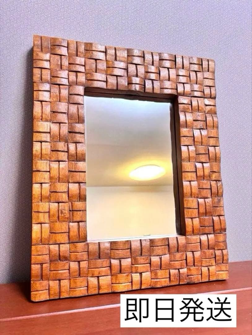 アンティーク　ウォールミラー　天然木　壁鏡　木枠　ヴィンテージ　編み込み