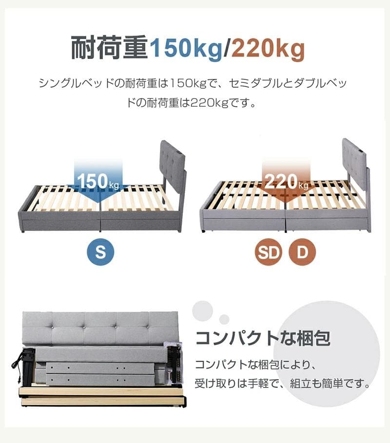 ダブル ファブリックベッド引き出し・コンセント付き北欧風 LIGHTGRAY