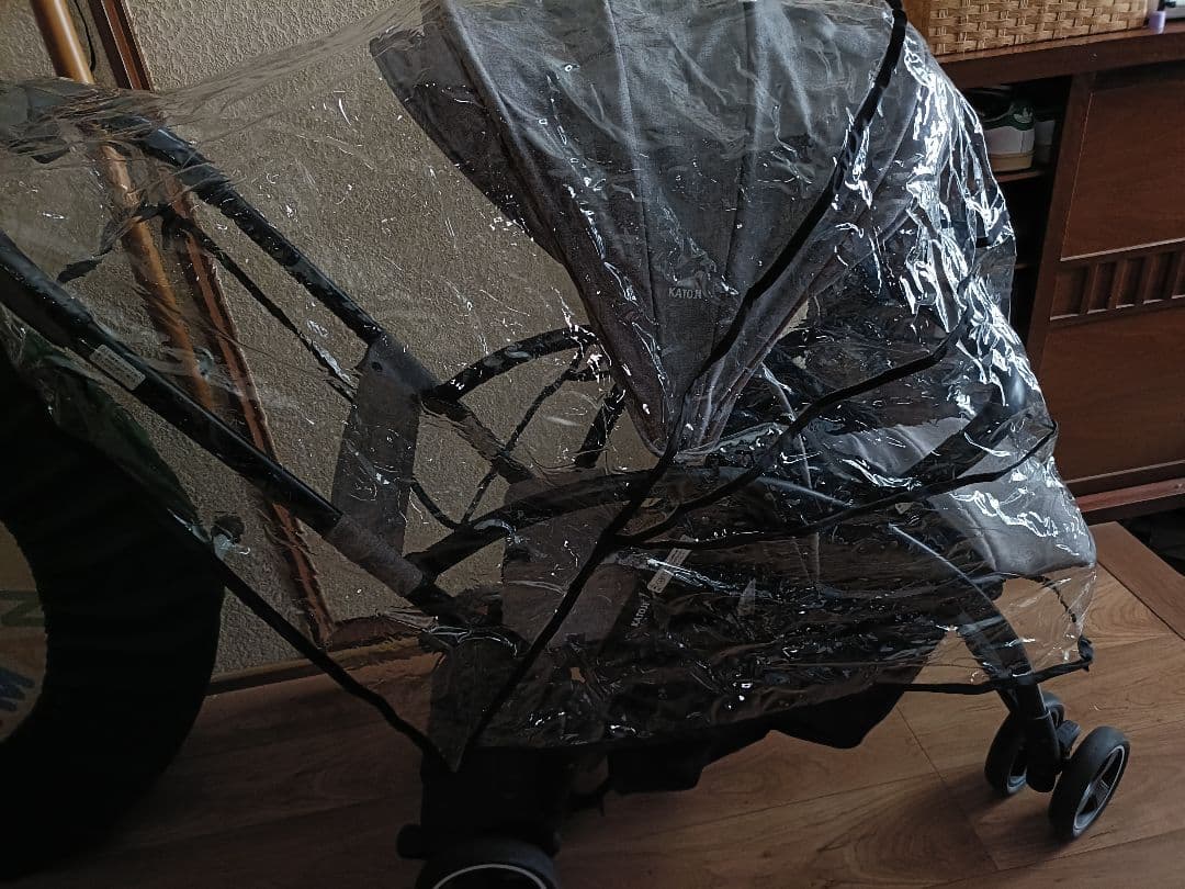 【直接取引】レインカバー付　カトージ 折りたたみベビーカー2シーター グレー