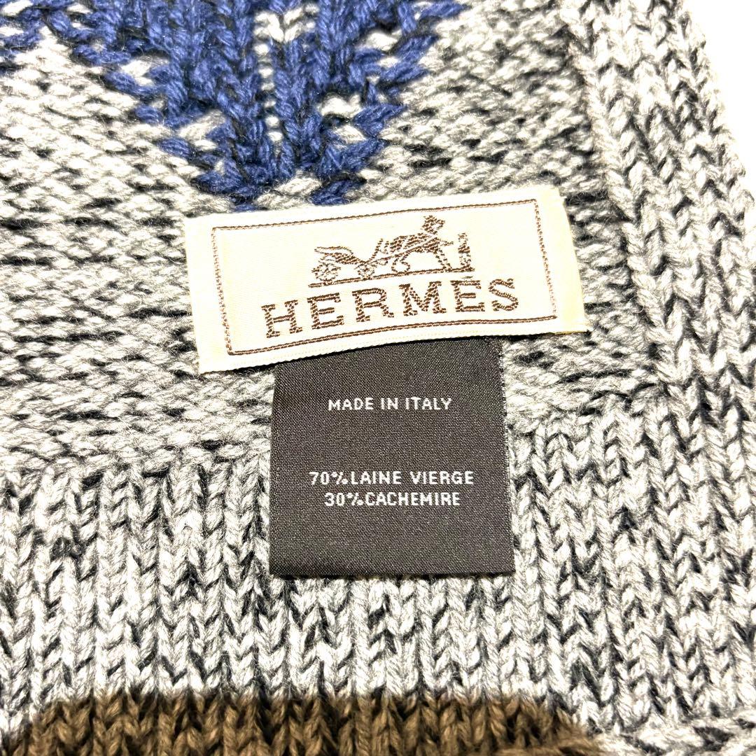 【希少　極美品】HERMES　カシミヤ　マフラー　ストール　若葉柄　ネイビー