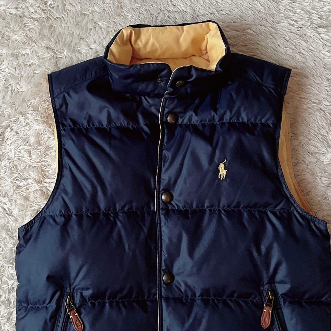 ポロラルフローレン ダウンベスト ポニー刺繍 濃紺×黄リバーシブル