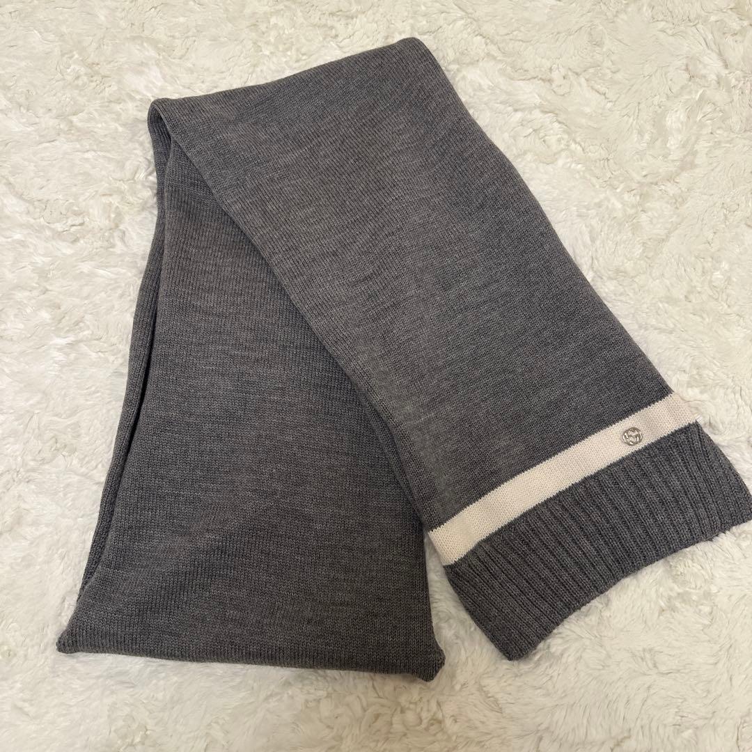 GUCCI ウールマフラー グレー ホワイトライン メンズ レディース兼用