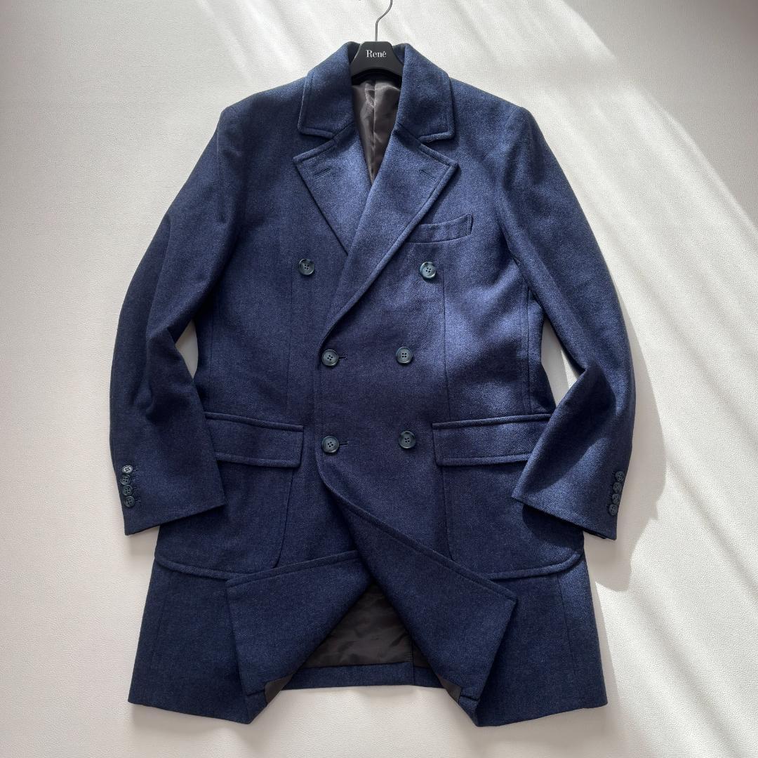 【美品】カシミヤ混 カノニコ ダブルチェスターコート イタリア L ブルー系