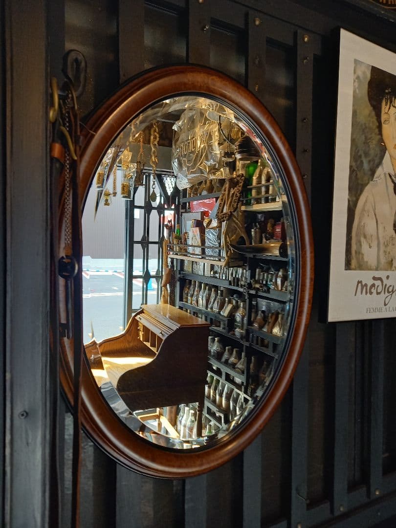 イタリア製　ヴィンテージ　大型　オーバル　ウッド　壁掛け鏡　ウォール　ミラー