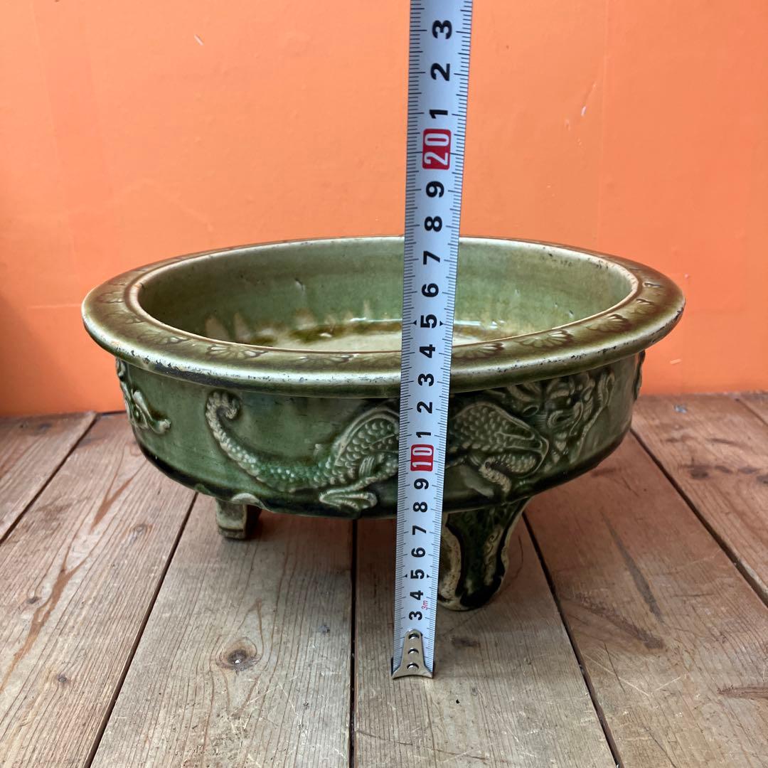D-壁 盆栽鉢 睡蓮鉢 メダカ鉢 水盤 花器 陶器鉢 龍 雲龍 緑釉 貫入 アン