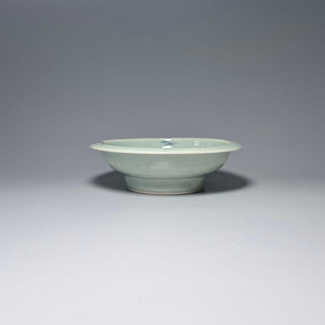 盛期鍋島　青磁染付柳竹垣文高台五寸皿　共箱　直径14.5cm　状態◎　蒐集家旧蔵