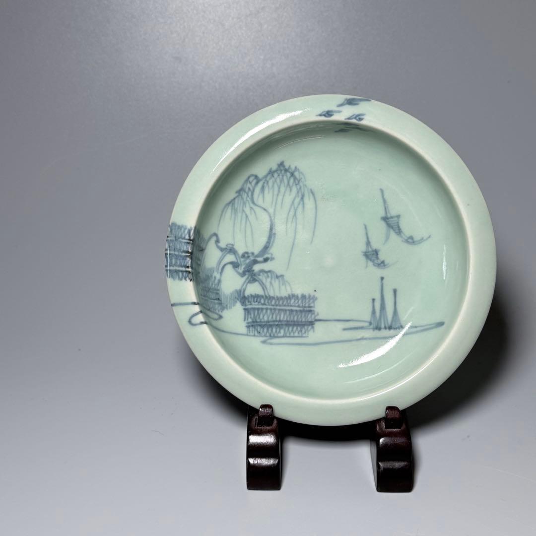 盛期鍋島　青磁染付柳竹垣文高台五寸皿　共箱　直径14.5cm　状態◎　蒐集家旧蔵