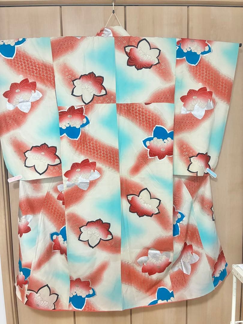 七五三 七歳女の子 着物 水色 ピンク ぼかし 花柄