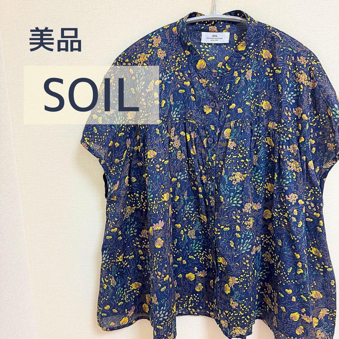 【美品】SOIL ソイル 花柄 フレンチスリーブシャツ 綿100% ネイビー
