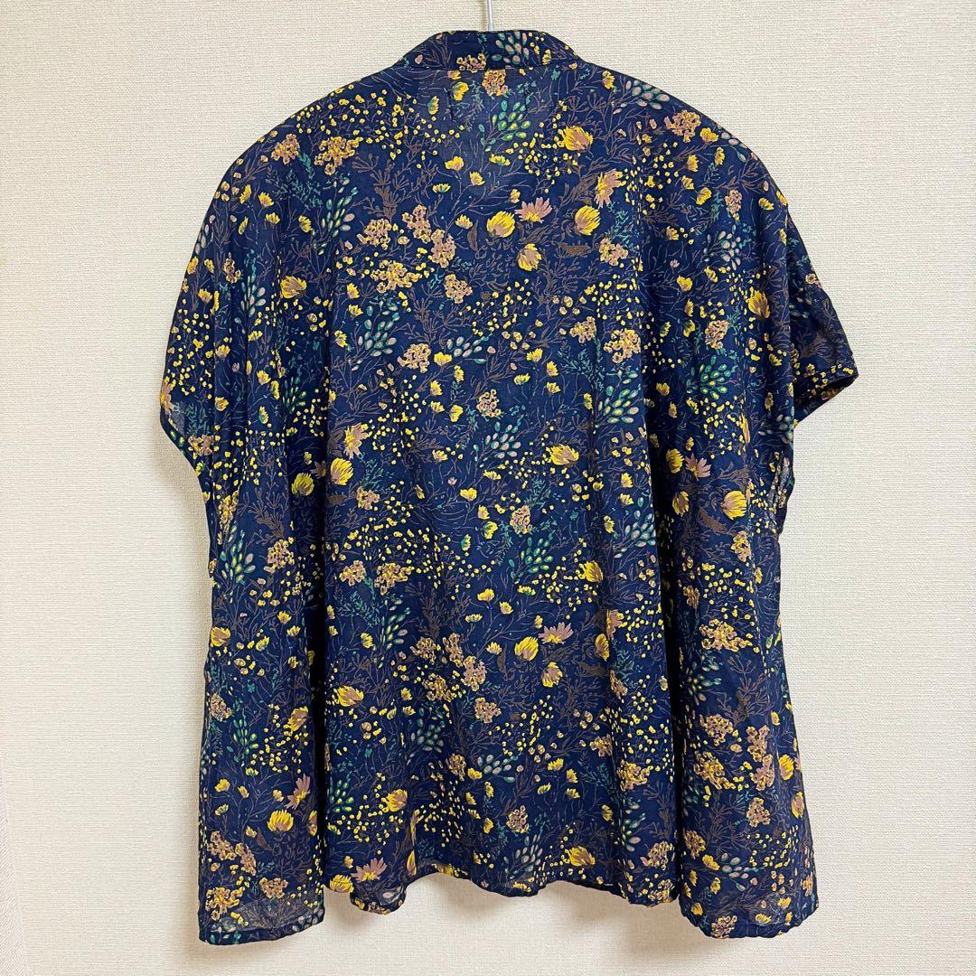 【美品】SOIL ソイル 花柄 フレンチスリーブシャツ 綿100% ネイビー