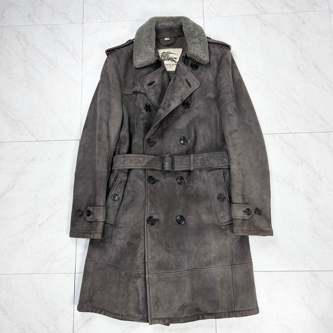 極美品 近年 バーバリー オールレザー ムートン トレンチコート 46 グレー