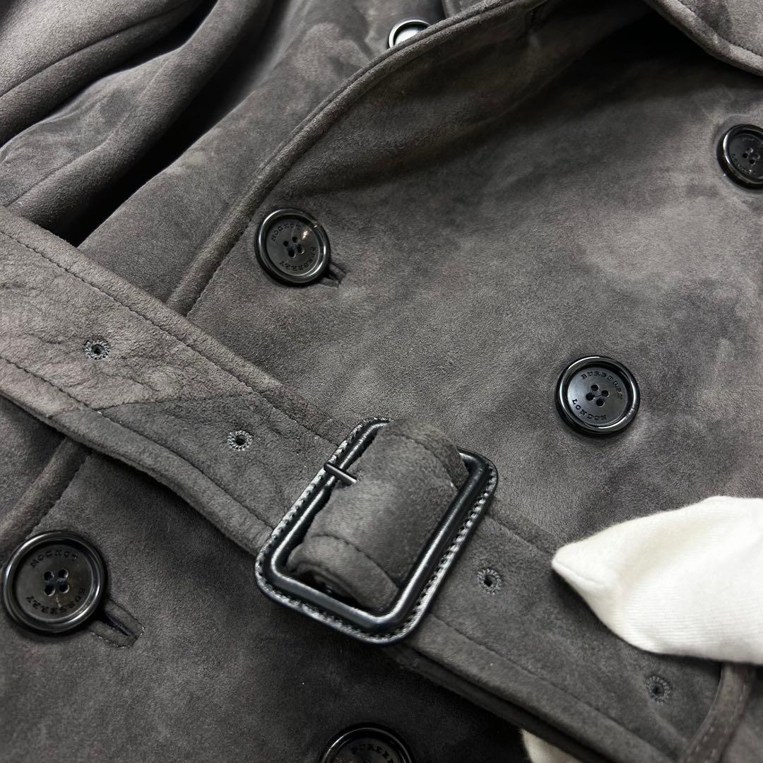 極美品 近年 バーバリー オールレザー ムートン トレンチコート 46 グレー