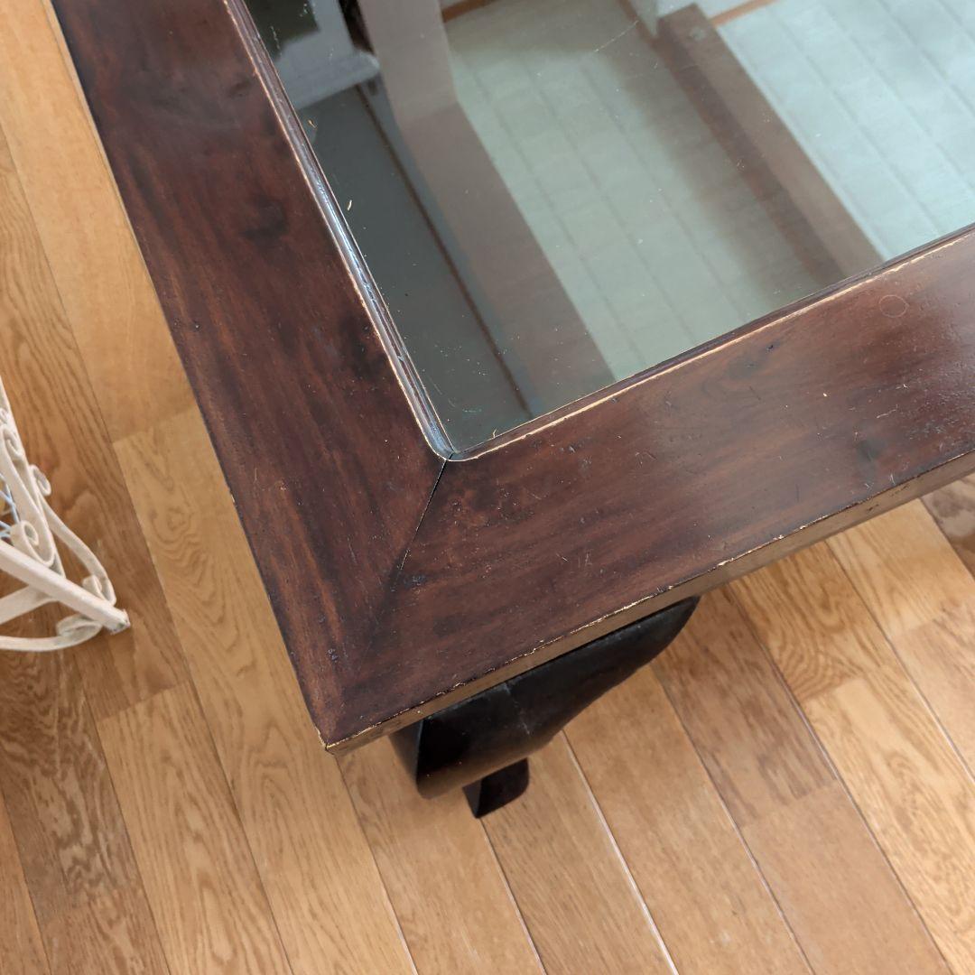 アジアン家具　サイドテーブル　収納付き　ガラス天板　ブラウン