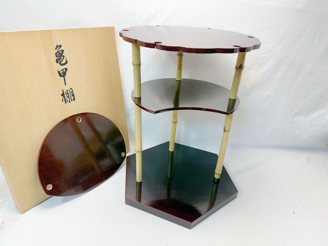 ほぼ未使用 茶道具 指物師 渡辺可映作 江戸千家八代一元斎好写 亀甲棚 溜塗共箱