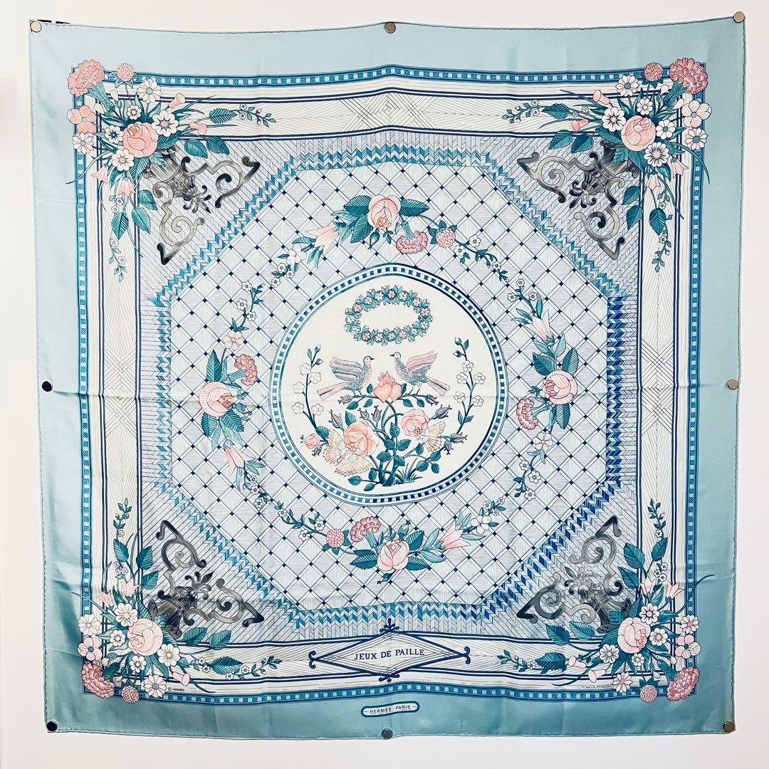 美品　エルメス　シルクスカーフ　カレ90 稾遊び　JEUX DE PAILLE