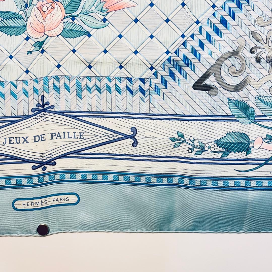 美品　エルメス　シルクスカーフ　カレ90 稾遊び　JEUX DE PAILLE