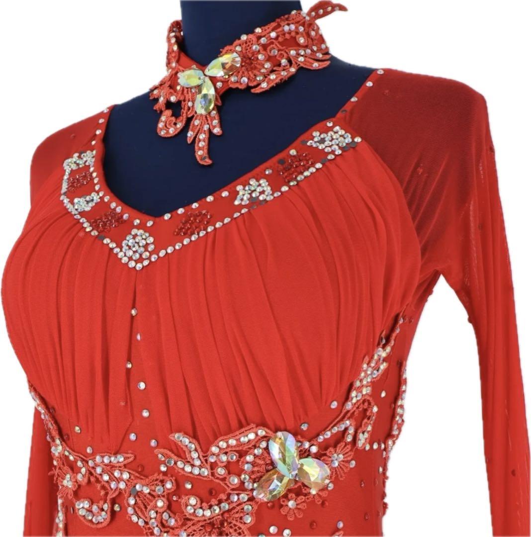 社交ダンスドレス 赤色 ラインストーン刺繍装飾チョーカー フロート付き L